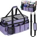 Extra large Cleaning Caddy Bag Built-in Sturdy Support Board, Cleaning Organizer with Detachable Divider, Cleaning Supply Tote with Adjustable Shoulder Strap (Purple, 19'' x 11'' x 11'')