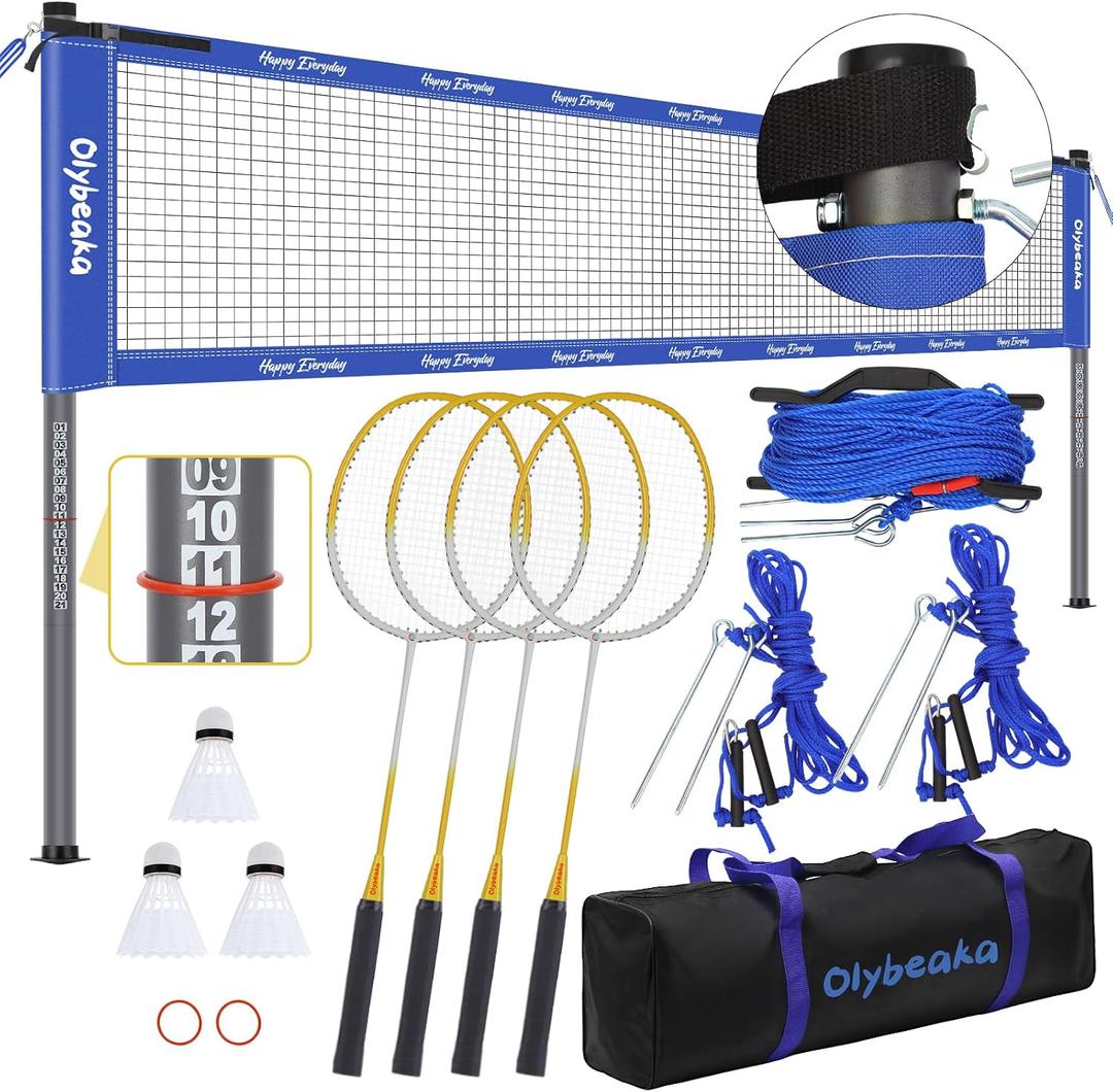 Portable Outdoor Badminton Net Set System for Backyard Lawn Beach, with Durable Net, 4 Carbon Aluminum Rackets, 3 Birdies and Carrying Bag, 20ft
