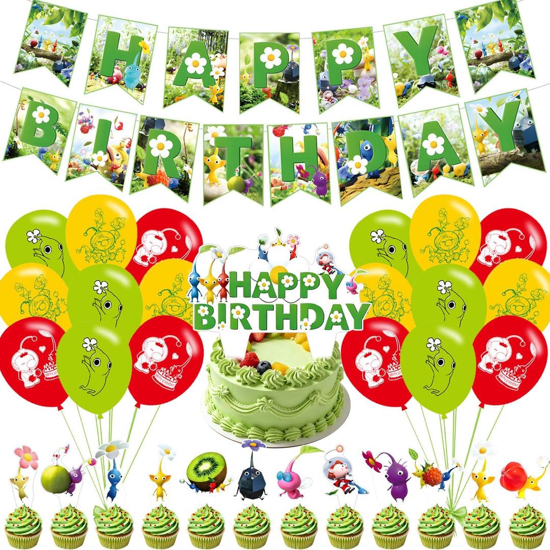 Pikmin Party Decorations,Pikmin Birthday Party Supplies Includes Banner- Cake Topper - 24 Cupcake Toppers - 18 Balloons