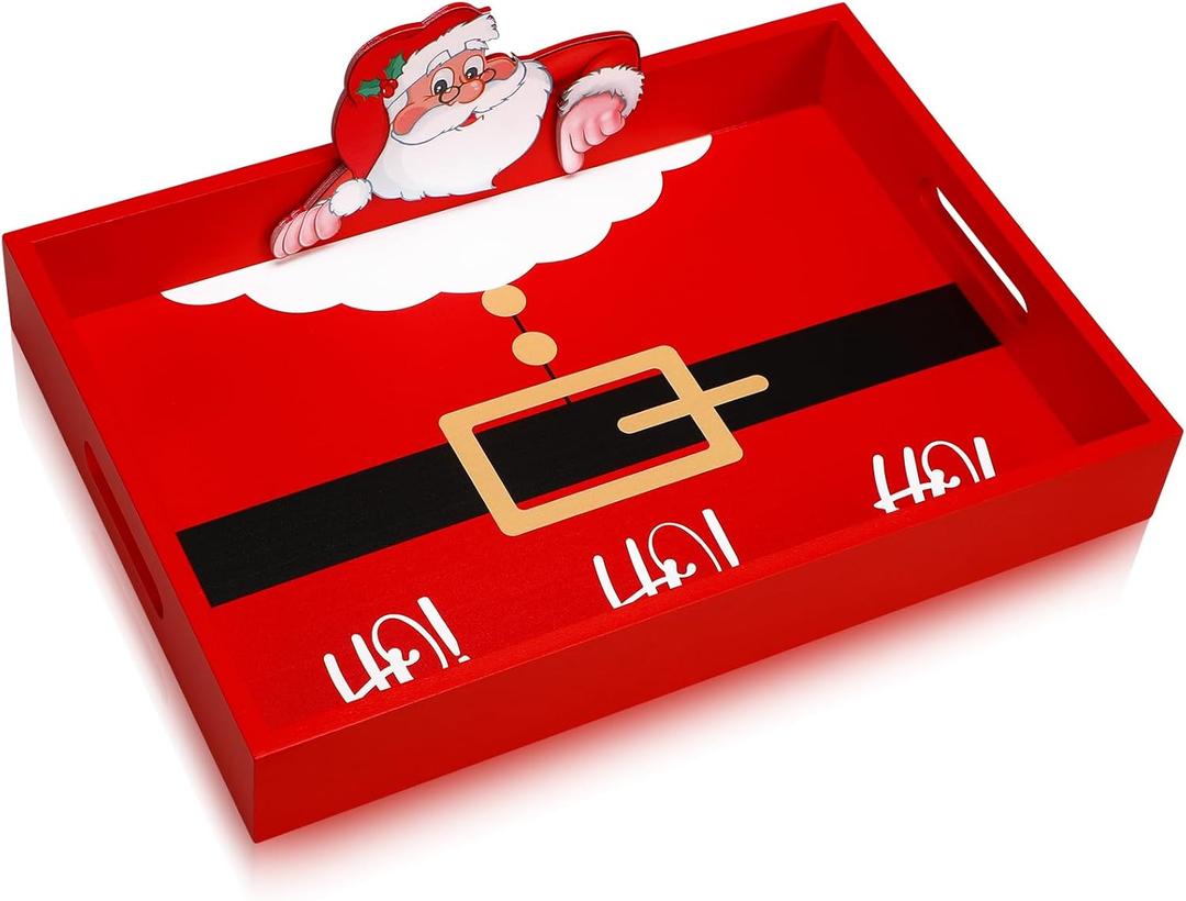 Huwena Christmas Decorations for Home Christmas Serving Tray with Handles Rustic Decorative Tray Wooden Serving Platters for Entertaining for Coffee Wine Table (Santa Belt)