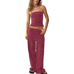 Tankaneo Womens Striped 2 Piece Sets Summer Strapless Crop Tube Tops Wide Leg Pants Matching Lounge Set Vacation Outfits. Size L