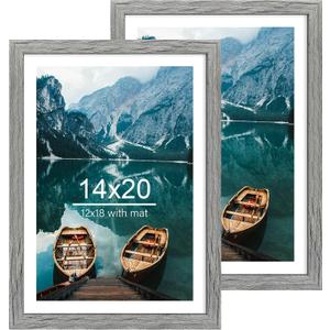 Hongkee 14x20 Picture Frame Set of 2, Rustic Grey Wood Style - Display 14 x 20 Picture without Mat or 12x18 Picture with Mat, Wall Mounting Horizontal and Vertical