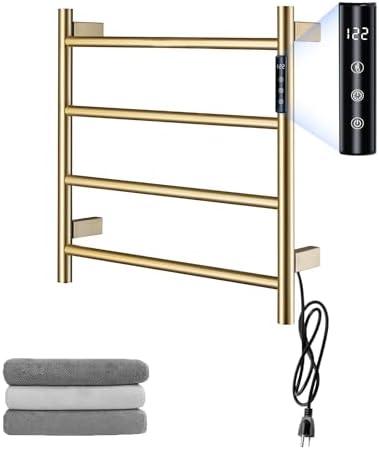 TRJIKAG Heated Towel Racks,4 Bars Towel Warmer Rack for Bathroom, Wall Mounted Electric Towel Warmer with Timer, Plug-in/Hardwired Towel Dryer Rack Gold