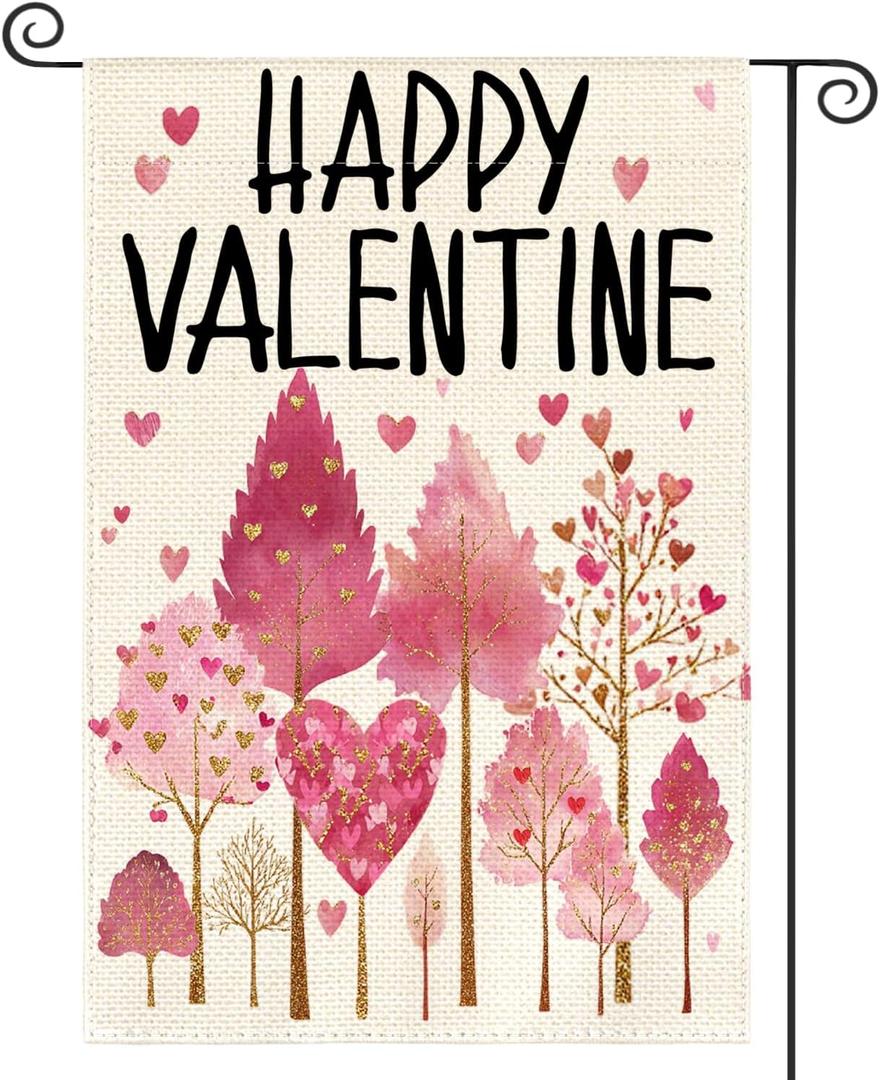 2 x AVOIN colorlife Valentines Day Garden Flag 12x18 Inch Double Sided Outside, Love Heart Trees Romantic Anniversary Yard Outdoor Flag