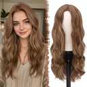 FESHFEN Long Honey Blonde Mixed Light Brown Wigs for Women, 22 inch Middle Parting Synthetic Wavy Wig for Daily Party