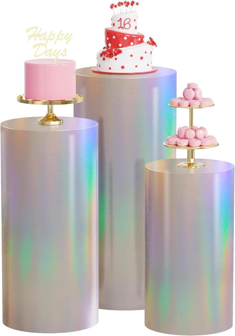 Wokceer Cylinder Pedestal Stand Covers for Party 3Pcs Spandex Iridescent Cylinder Stand for Party Covers Plinth Pedestal Stand Cover Pillar for Birthday Party Wedding Decor