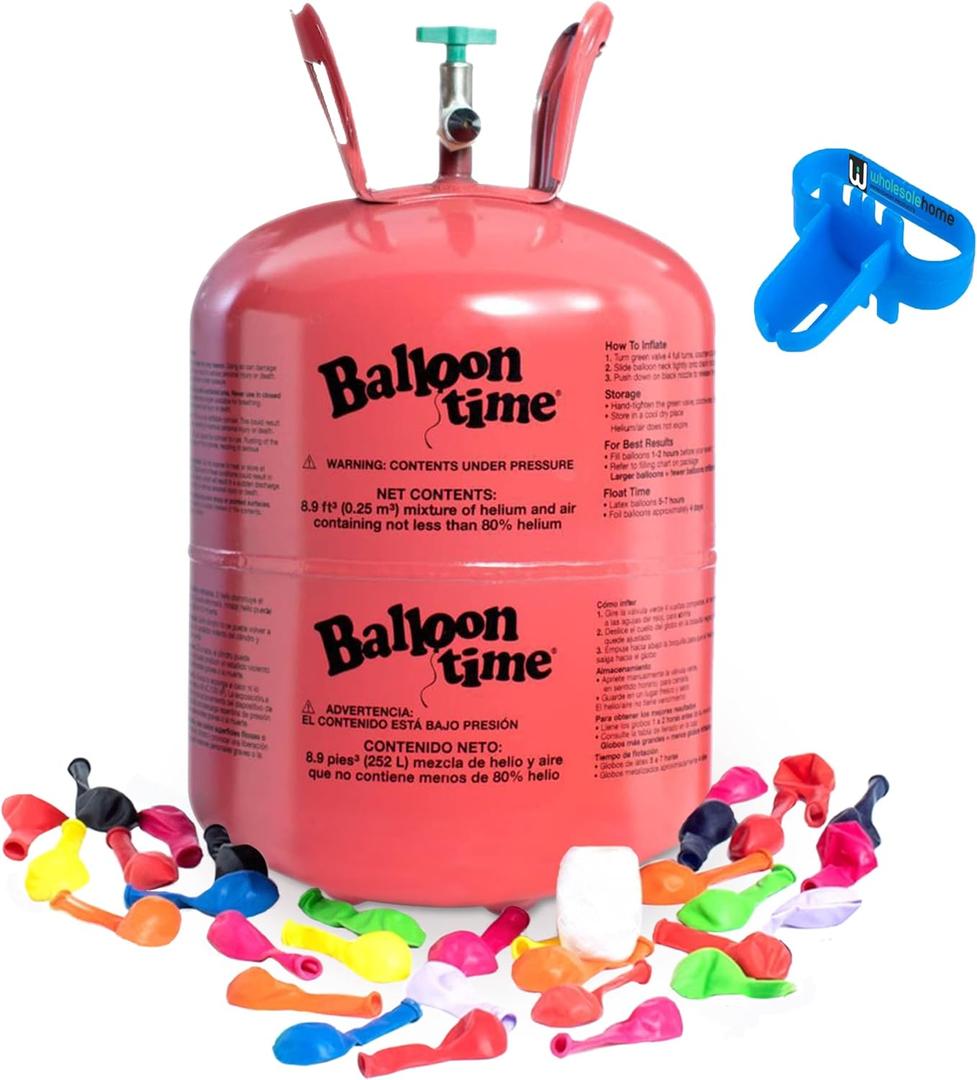 Helium Tank for Balloons At Home, 14.9 Cu Ft Helium Balloon Pump Kit with 50 Assorted Latex Balloons, White Curling Ribbon and Wholesale home Balloon Tie Tool