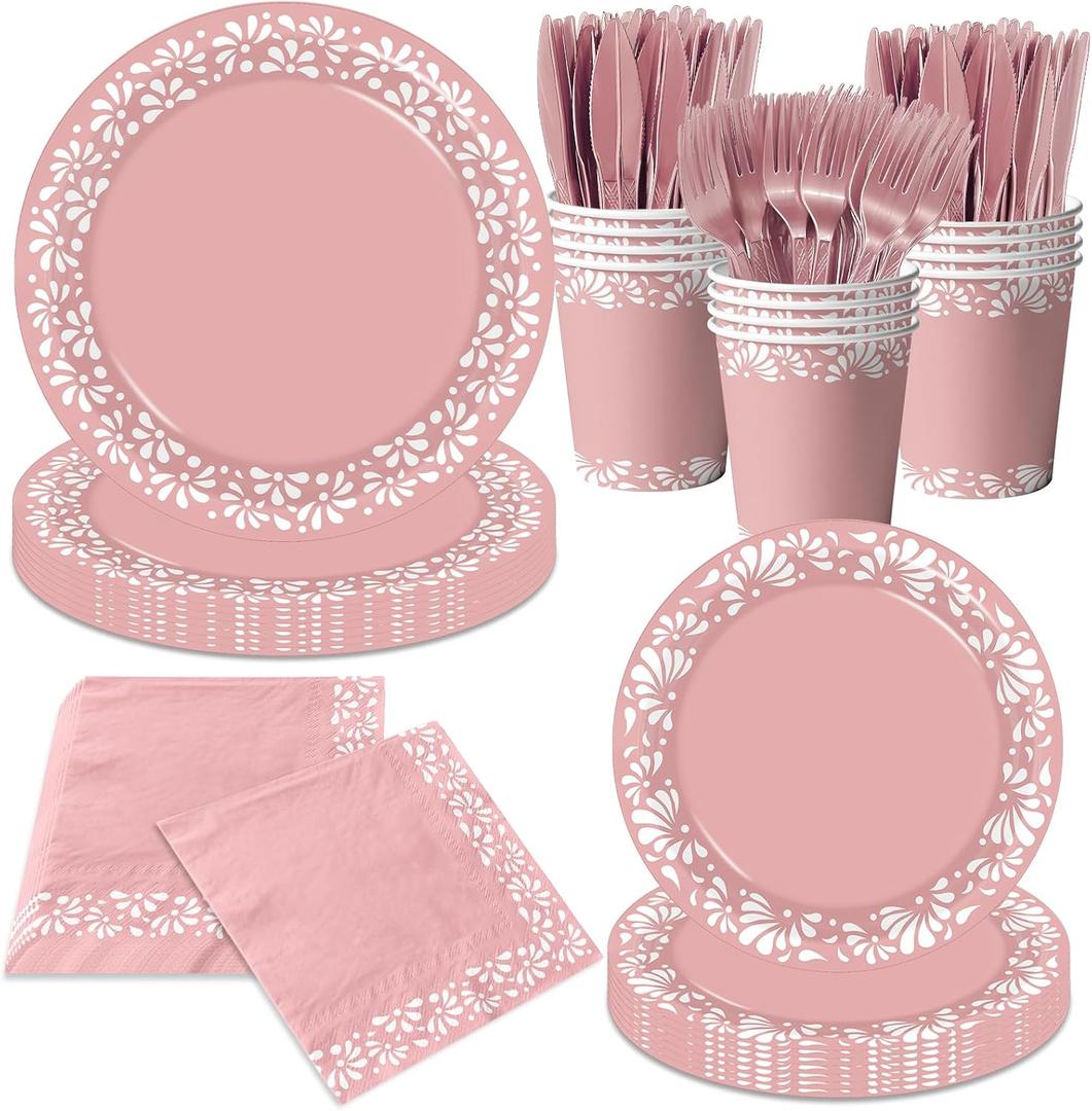 144Pcs Pink Cielito Lindo Party Decoration, Platos De Barro Mexicanos Clay Plates Mexican decor Terracotta Pottery Paper Cups for Mexican Themed Party Decorations Cielito Lindo Baby Shower