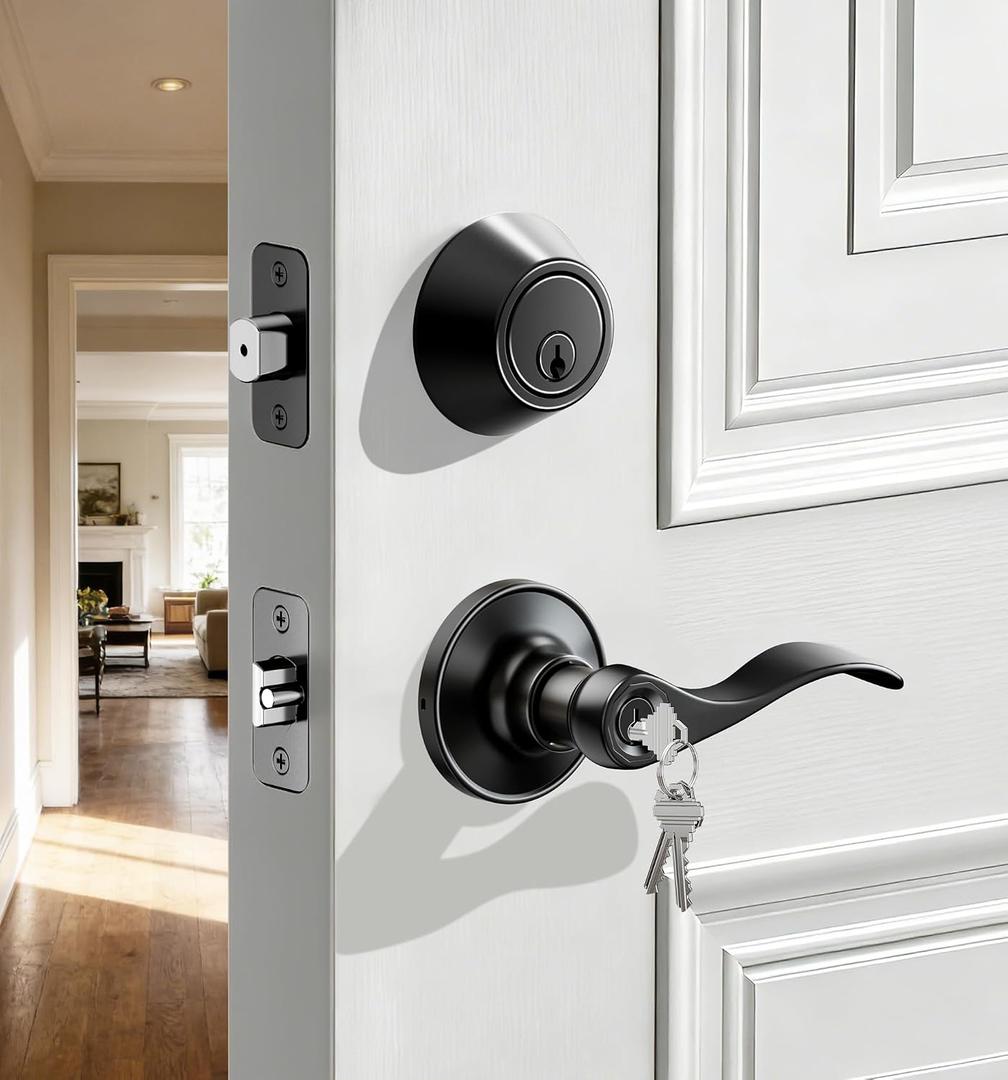 Veise Keyed Alike Front Door Handle Lock with Single Cylinder Deadbolt Combination Set, Exterior Entry Door Locksets with Deadbolt, Wave Zinc Alloy Style Lever keyed Entry Lock, Matte Black