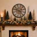 Large 24" Farmhouse Wall Clock, Rustic Wood Round Timepiece with Raised Roman Numerals, Black Metal Frame, Silent Quartz, Durable & Easy-to-Clean, Living Room & Entryway Decor (Weathered Brown)