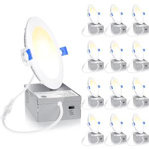 Ensenior 12 Pack 4 Inch LED Recessed Light, Dimmable, 3000K-5000K 3CCT, 750LM High Brightness, 9W 120V, 3 Pin, ERL-9X-ETL, Damp Rated, Ultra-Thin Canless Wafer Ceiling Light - ETL & FCC & IC