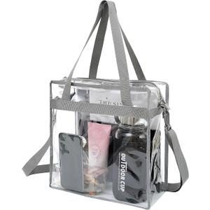BAGAIL Clear Bags 12x6x12 Stadium Approved Clear Tote Bag with Zipper Closure Crossbody Shoulder Bag with Adjustable Strap (Grey)