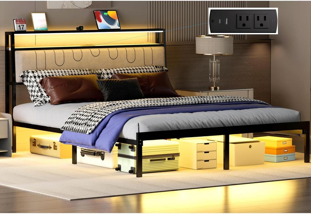 Full Bed Frame with LED Lights, Metal Platform Frame Upholstered Headboard, Charging Station, Storage Shelves, Heavy Duty Metal Slats, No Box Spring Needed, Noise Free, Easy Assembly, Black