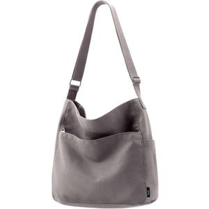 KALIDI Canvas Tote Bag Large Hobo Crossbody Shoulder Handbag Zipper Messenger Bag for Women or Men Casual College Work (Grey)