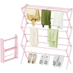 Foldable Drying Rack Clothing, 3-Tier Portable Clothes Drying Racks for Indoor & Outdoor, Anti-Rust Compact Laundry Rack Collapsible, Pink 28" D x 10" W x 35" H