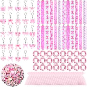 Demonwer 170 Pcs Pink Bow Party Favor 24 Bow Keychain 24 Pink Hair Tie 24 Snap Bracelet 50 Stickers and 24 Greeting Cards Cute Exchange Gift 24 Organza Bags for Valentine's Party Favor Supplies