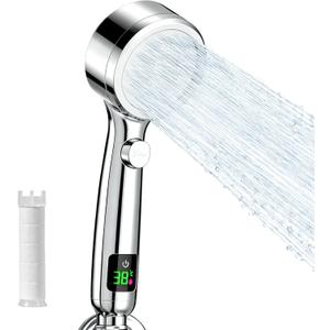 Filter Shower Head, Shower Head with Temperature Display and Filter, High Pressure Water Flow and Multiple Spray Modes (Silver)