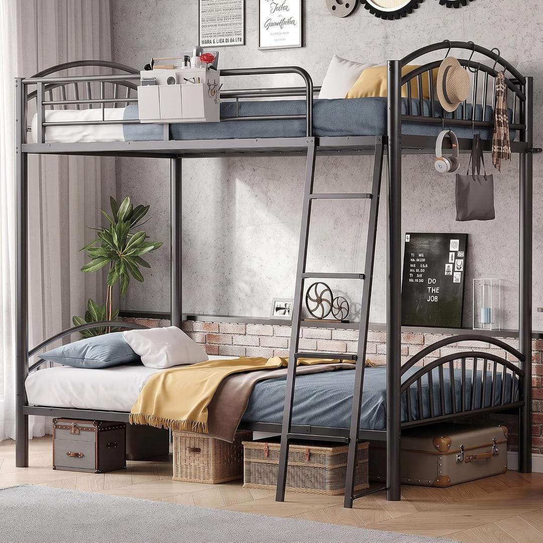 Decofy Bunk Bed Twin Over Twin Metal Bunkbeds with Bedside Caddy, Convertible Ladder&Flat Rungs Space Saving Loft Bed for Adult&Teen