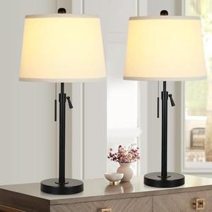 Bedside Table Lamps Set of 2: Tall Black Table Lamps for Living Room End Table | Height Adjustable 3-Way Dimmable Nightstand Lamp with Pull Chain Switch Modern Lamps for Bedroom Office(No Bulbs Included)
