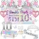 10th Birthday Decorations for Girls,49pcs Silver Dazzle Double Digits Banner, Iridescence Tablecloth, Sash, Tiara, Butterfly Decor, Happy 10th Birthday Cake Topper, Candles, Balloons Arch