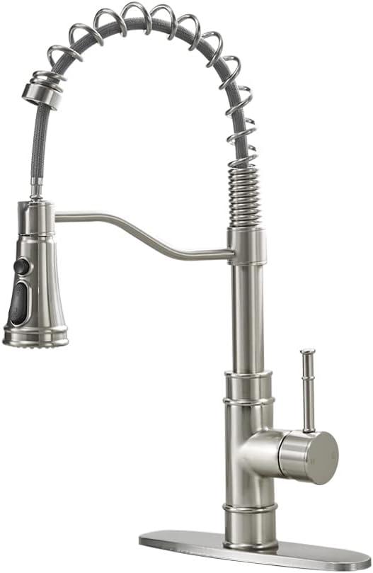 OWOFAN Kitchen Sink Faucets with Pull Down Sprayer Solid Brass Brushed Nickel Single Handle Single Hole Faucet for Farmhouse rv Utility bar Laundry Sinks