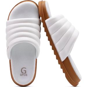 GPOS Womens Slides with Memory Foam Soft Cushioned Cozy House Slippers for Woman Comfy Open Toe Ladies Sandals Leather Slip on Bedroom Shoes Plantar Fasciitis Indoor Outdoor (White)