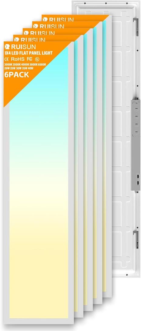 6 Pack 1x4 LED Flat Panel Light Drop Ceiling Office Fixture, 5040LM, 20W/25W/30W/35W/40W Selectable,3000K/3500K/4000K/5000K/6500K 5CCT,Dimmable (0-10V) for Shop,Commercial Warehouse,ETL Listed