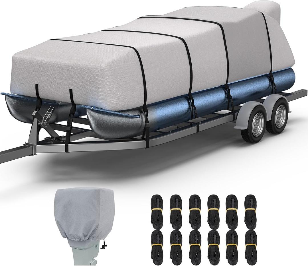 RVMasking Pontoon Boat Cover with Motor Cover, 1400D Heavy Duty Middle Reinforced, Marine Grade Waterproof Boat Cover for Length: 21'-24', Beam Width up to 102", Gray