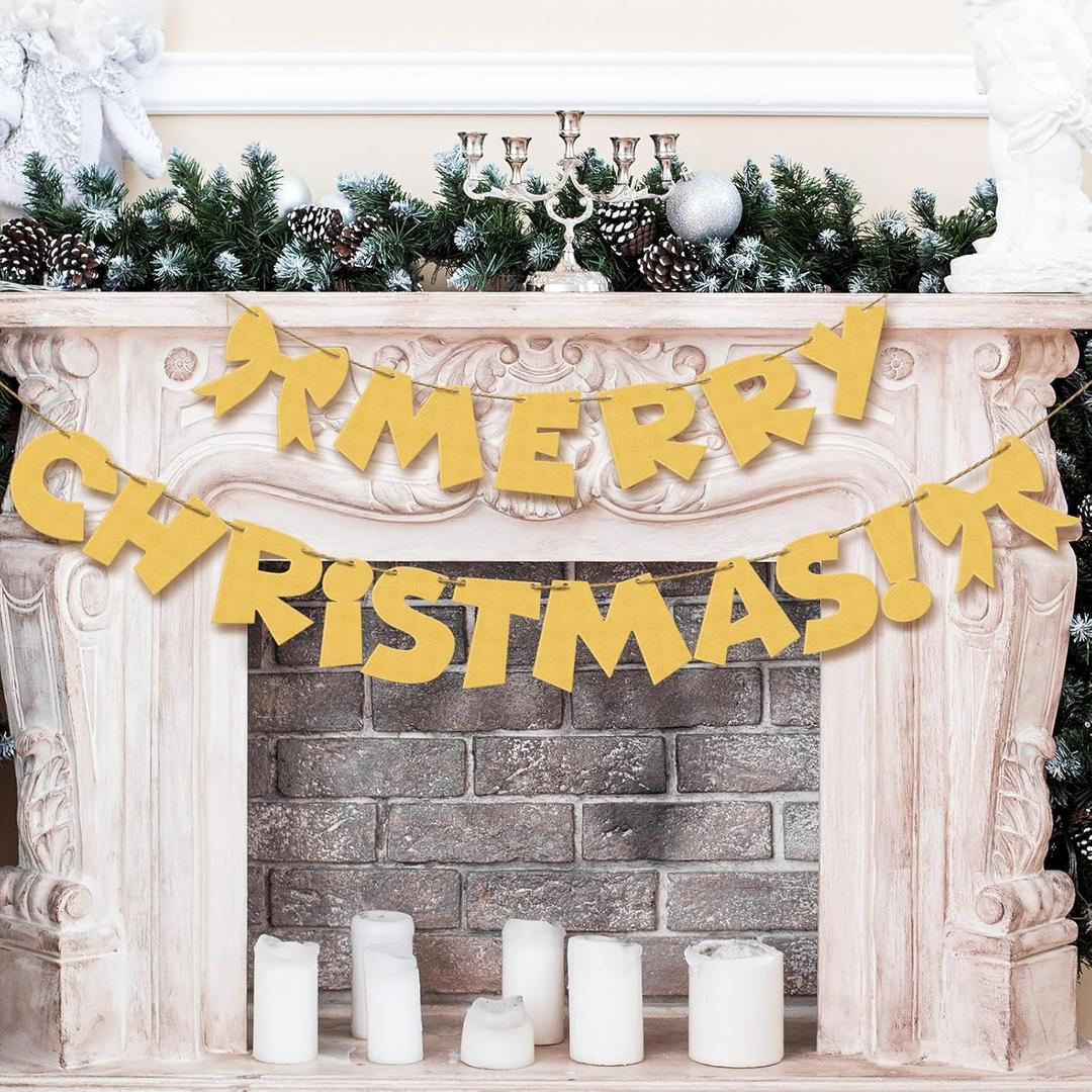 Merry Christmas Banner Golden Metal Christmas Garland Sign with Bows Xmas Retro Style Party Decorations Photo Prop Holiday Decor for Home Office Fireplace Mantle Farmhouse Hanging Wall