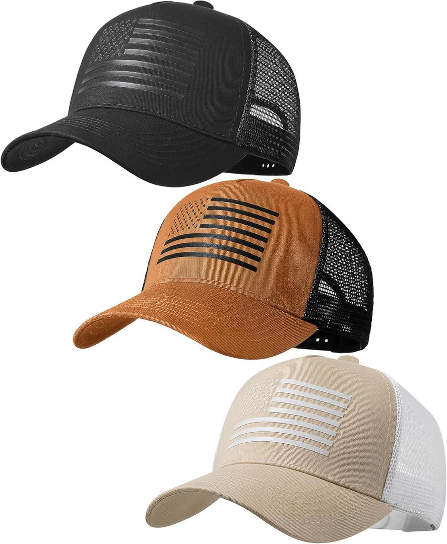 American Flag Trucker Hat,USA Hat for Men Women Snapback Baseball Cap Adjustable Breathable Mesh Side Durable Hats
(US, Alpha, Small, 3 Pcs Brown, Black and Khaki)