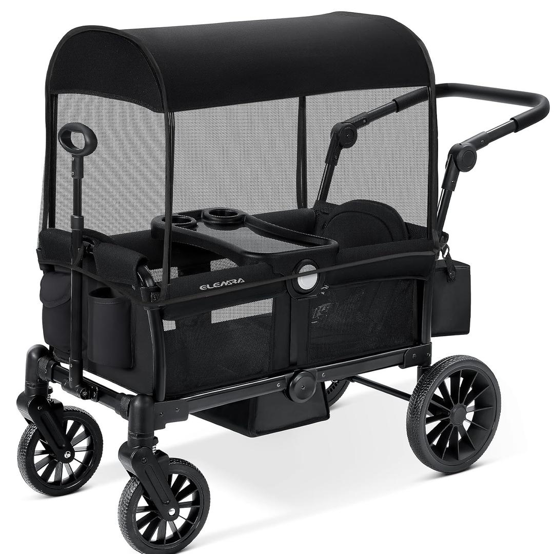 ELEMARA Stroller Wagon, 2 Seat Stroller for 2 Kids, Premium All Terrain Stroller for Kids w/Removable Canopy, Adjustable Push/Pull Handle, Large Storage Bag, Black