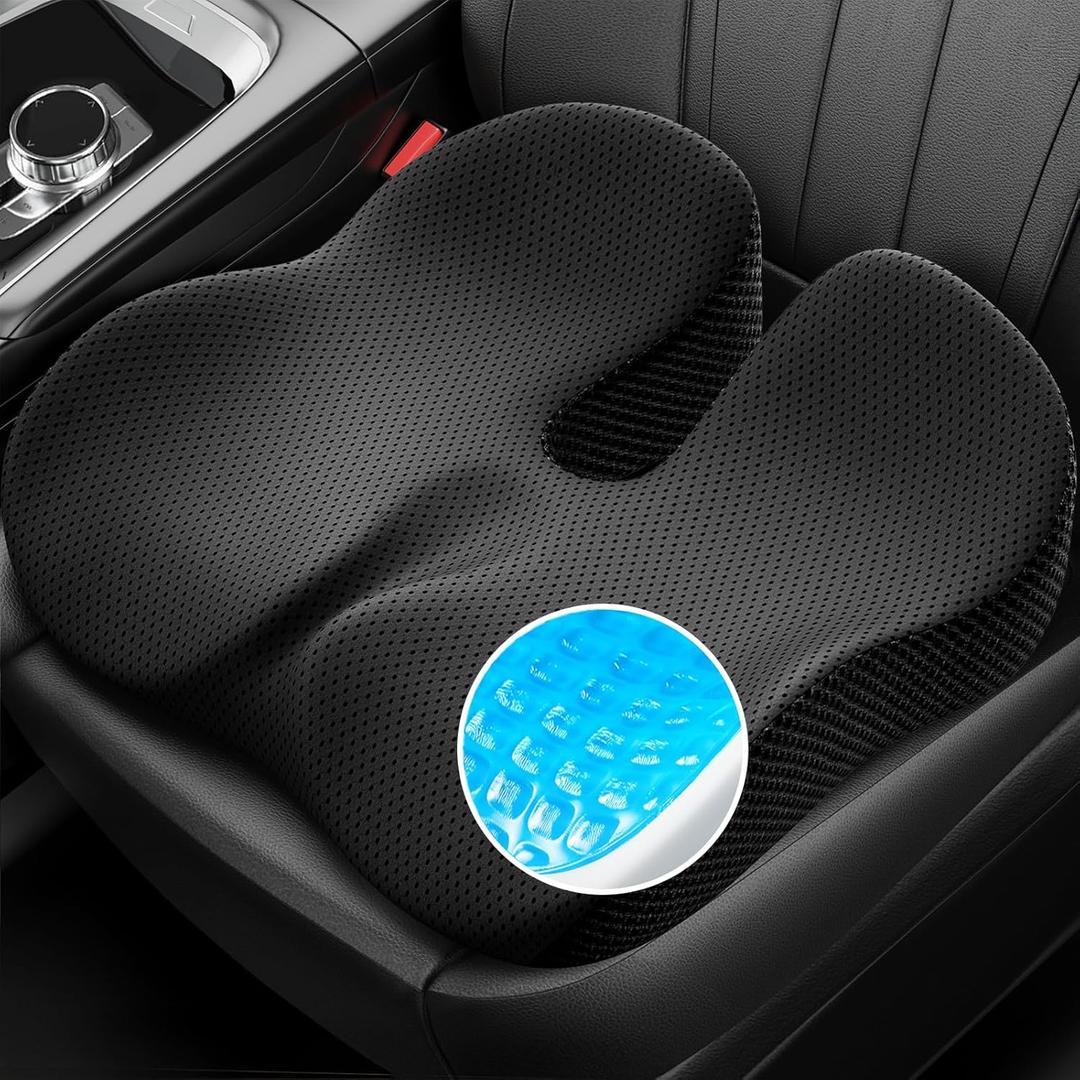 ZIKEE Car Seat Cushion for Driving with Cooling Gel, Ergonomic Memory Foam Seat Cushion for Car Provides Sciatica, Back, Tailbone Pain Relief and Intimate Ventilation, Anti-Slip & Breathable Cover (Black)