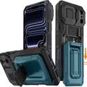 for iPhone 17 Pro Max Case with Semi-Automatic Card Slot (3-4 Cards) RFID Blocking & Kickstand & Camera Lens Cover & Wallet, Heavy Duty Rugged Phone Case (Blue, for iPhone 17 Pro Max, 6.9")