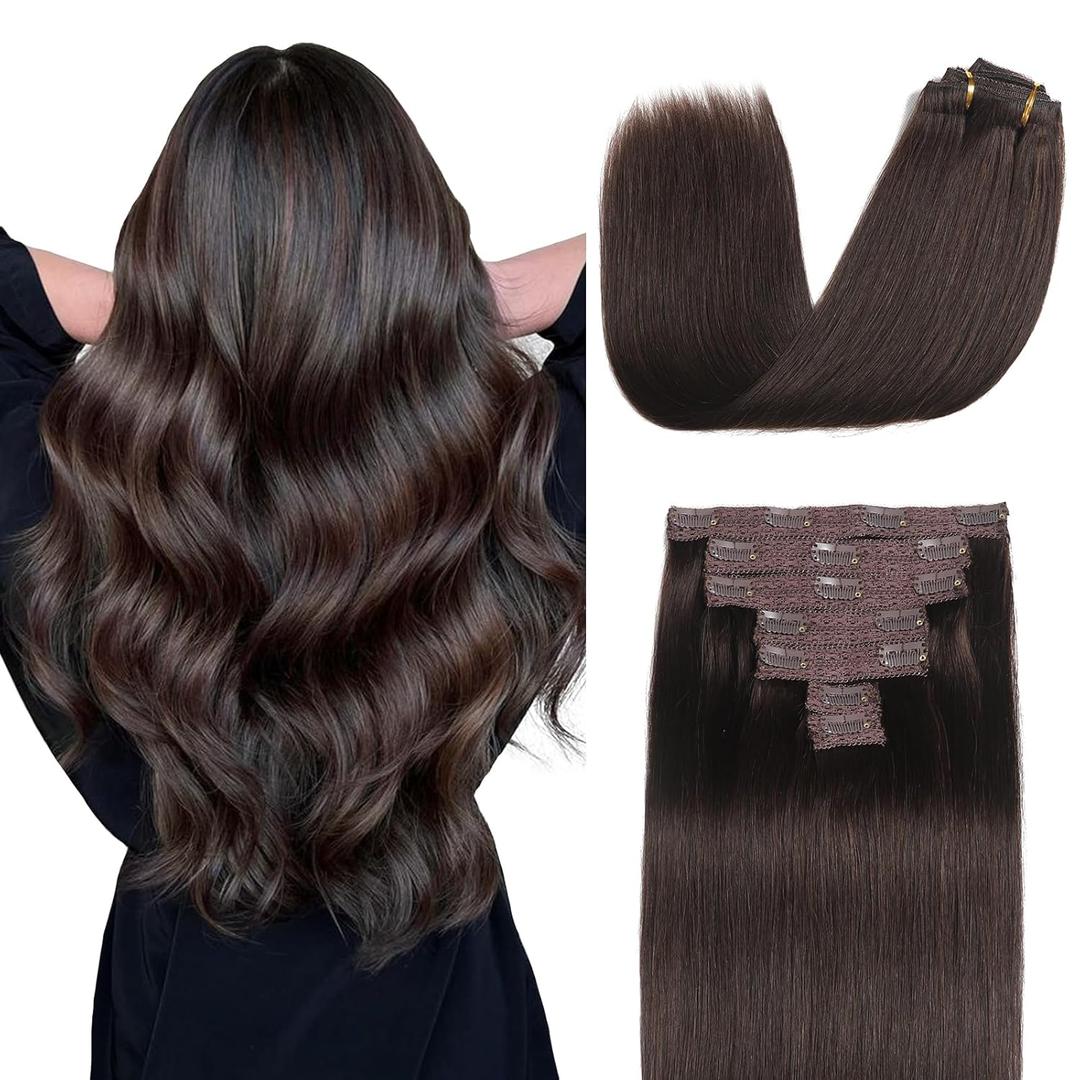 Sisily Clip in Hair Extensions Real Human Hair, Premium Human Hair Clip in Extensions Dark Brown, Soft Straight Hair Extensions Real Human Hair Clip ins 7PCS Double Weft20 Inch #2
