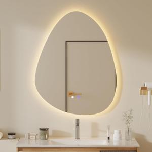 QDSSDECO Irregular LED Bathroom Mirror with Lights,Asymmetrical Led Bathroom Vanity Mirror for Wall with Front and Backlit, Anti Fog, 3 Colors and Dimmable Light, 22" x 28"