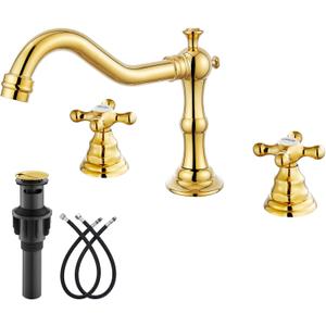 gotonovo Bathroom Faucet 3 Hole 8 Inch Widespread Bathroom Sink Faucet 2 Cross Handles Vintage Lavatory Vanity Mixer Tap with Pop Up Drain, HOT Cold Label, Polish Gold