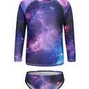 Lollisy Big Girls Long Sleeve Rash Guard Set Bathing Suits Two Piece Swimsuits for Kids Swim Shirts Purple Nebula Size 9-10 Years