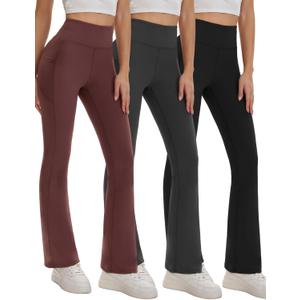 3 Packs Women's Flare Leggings with Pockets, Soft High Waisted Tummy Control Bootcut Workout Yoga Pants (L)