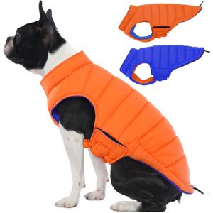 Lelepet Reversible Dog Coat Waterproof Dog Jacket Windproof Puffer Vest for Winter Warm Lightweight Coats for Small Dogs Adjustbale Hook & Loop Pet Apparel with Leash Hole, Pug, Orange, M