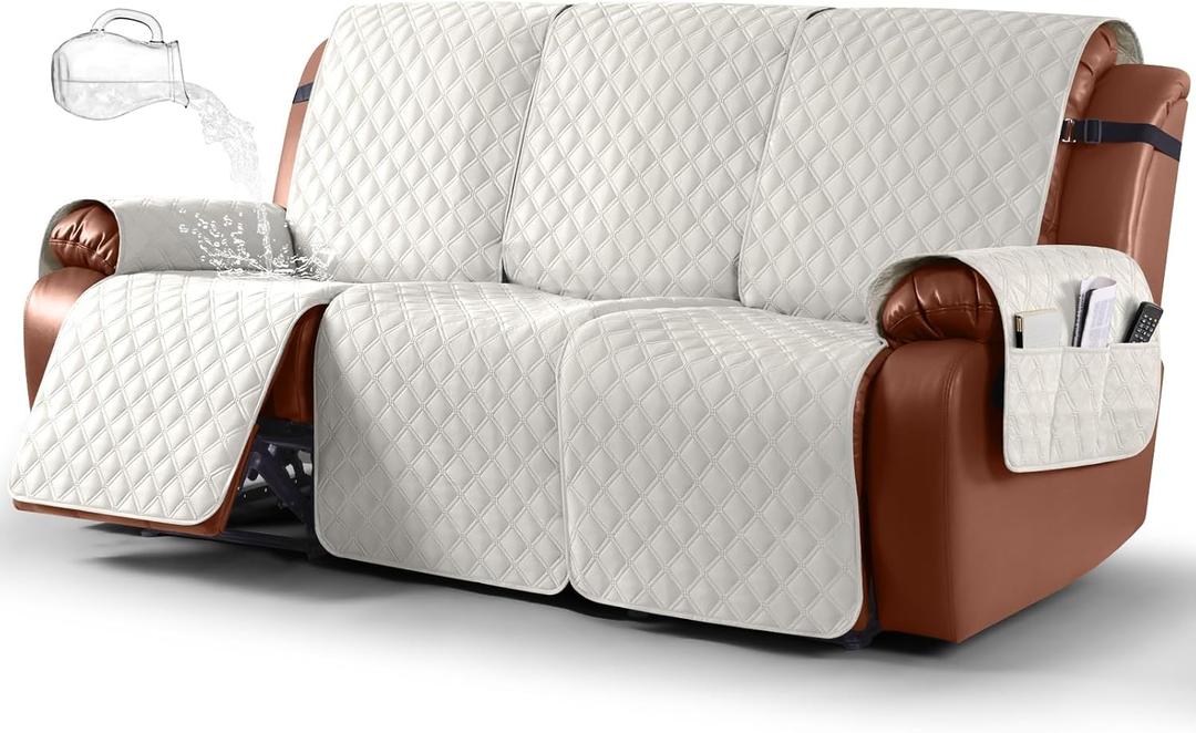 Ruaozz Waterproof Recliner Couch Covers, Sofa Slipcovers Washable 1-Piece Recliner Covers Non-Slip Furniture Protector with Elastic Straps Pocket for Kids Pets(Beige, 3 Seater)