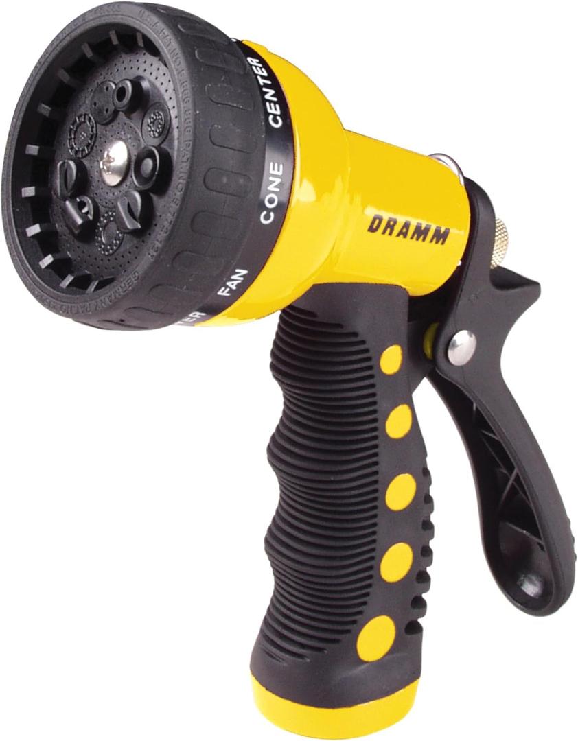 Dramm Revolver Heavy Duty 9 Pattern Quick Click Adjustable Garden Hose Spray Nozzle with Trigger Style Handle, for your Car, Boat, Deck, Sidewalk, Flowers and Young Trees, Yellow