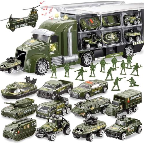 JOYIN 25 in 1 Military Kids Truck Toys for Age 3+, Toddler Boy Toys, Army Men Tanks Set with Soldier Men, Mini Battle Cars in Carrier Truck with Lights and Sounds, Gifts for Grandkids, Easter Basket