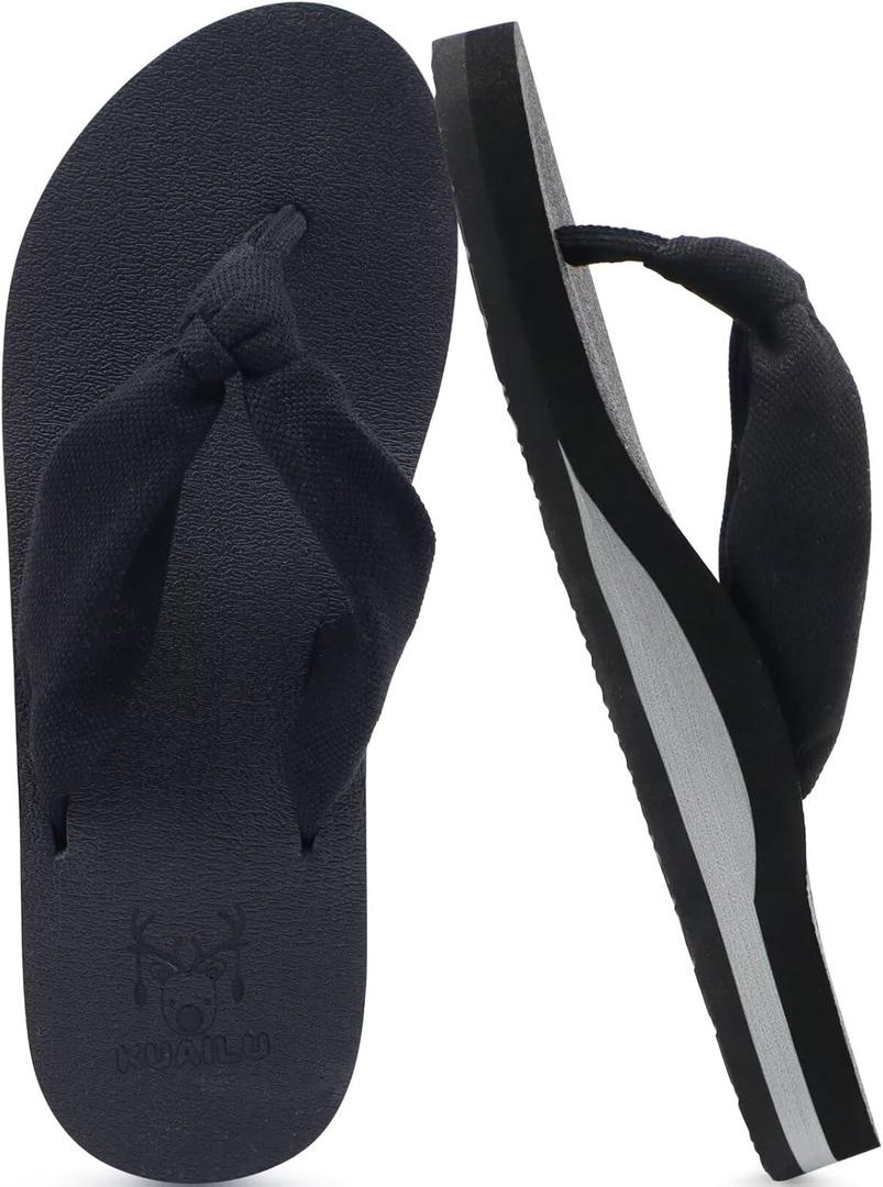 KuaiLu Flip Flops for Women with Arch Support Yoga Mat Comfortable Summer Beach Walking Thong Cushion Sandals Slip On Indoor Outdoor (8, Black)