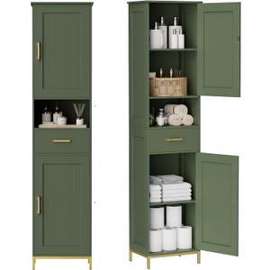 Homhedy 67" H Bathroom Storage Cabinet, Tall Bathroom Cabinet, Green | Narrow Cabinet with Doors and Drawer, Adjustable Shelves, Floor Cabinet for Bathroom, Living Room, Kitchen, Dining Room