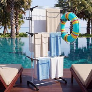 Leinuosen Pool Towel Holder Rack Outdoor with Wheels, Black Foldable 3-Tier Outdoor Towel Rack Large Capacity Rolling Metal Towels Stand for Pool Area Patio Backyard