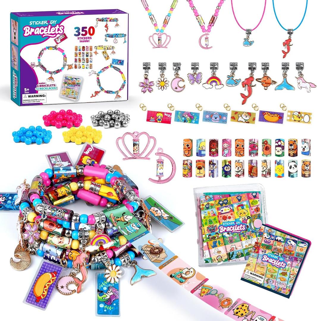 DIY Sticker Bracelet Maker, with 350pcs Mini Rolls Stickers, 12 Cute Pendants &Collect Book,Jewelry Necklace Making Kit,Fun Arts and Crafts for Kids 5-12, Birthday Party Gift,Toys for 5 Year Old Girls