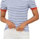 MISSACTIVER Women Striped Color Block T-Shirts Crew Neck Short Puff Sleeve Slim Fit Pullover Shirt Casual Summer Tee Tops (M)