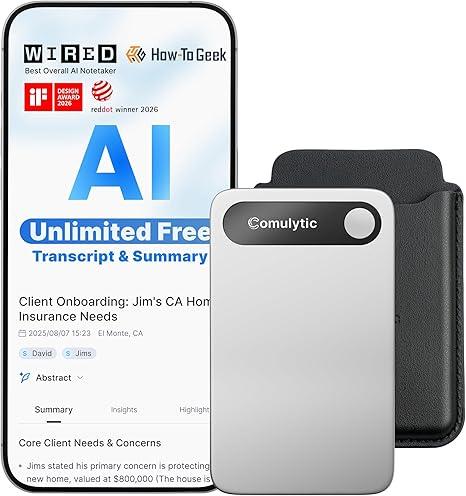Comulytic Note Pro AI Voice Recorder, Unlimited Transcribe & Summarize, AI Note Taking Recording Device w/Case, App Control, 113 Languages for Calls, Meetings, Lectures, Interviews, Silver