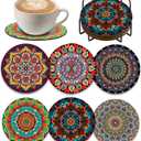 Set of 6 Wood Coasters with Holder,Mandala Diamond Art Wooden Coasters for Table Protection Absorbent Drink Cup Cork Base Farmhouse Housewarming Gifts,Heat-Resistant
