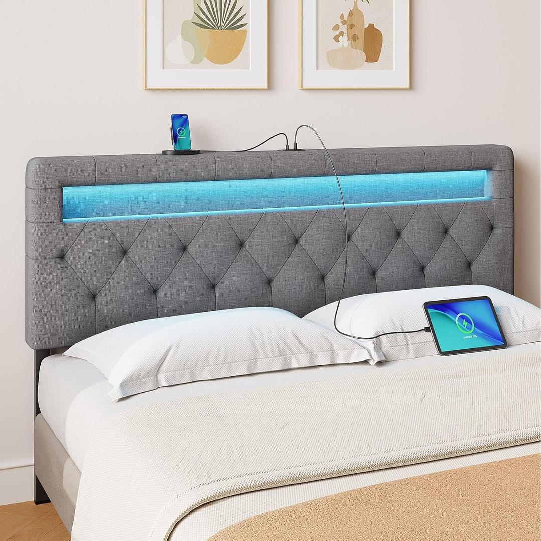 Headboard for Full Size Bed with LED Light, USB & Type C Post, Upholstered, Height Adjustable, Sturdy, Easy Assembly, Wall Mounted Head Boards Only, black